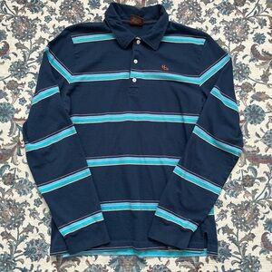 Hollister Navy Long-Sleeve Polo with Teal & White Stripes